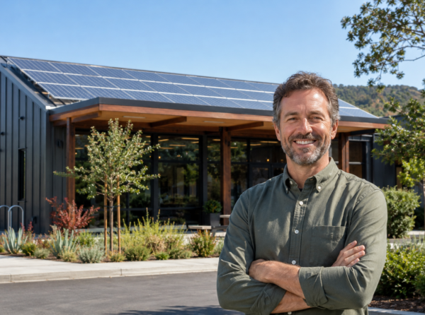 Next Solar commercial solar installation at a Northern California business with a property owner standing in front of rooftop solar panels.