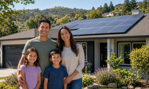 Next Solar residential solar installation on a Northern California home with a family standing in front of rooftop solar panels.