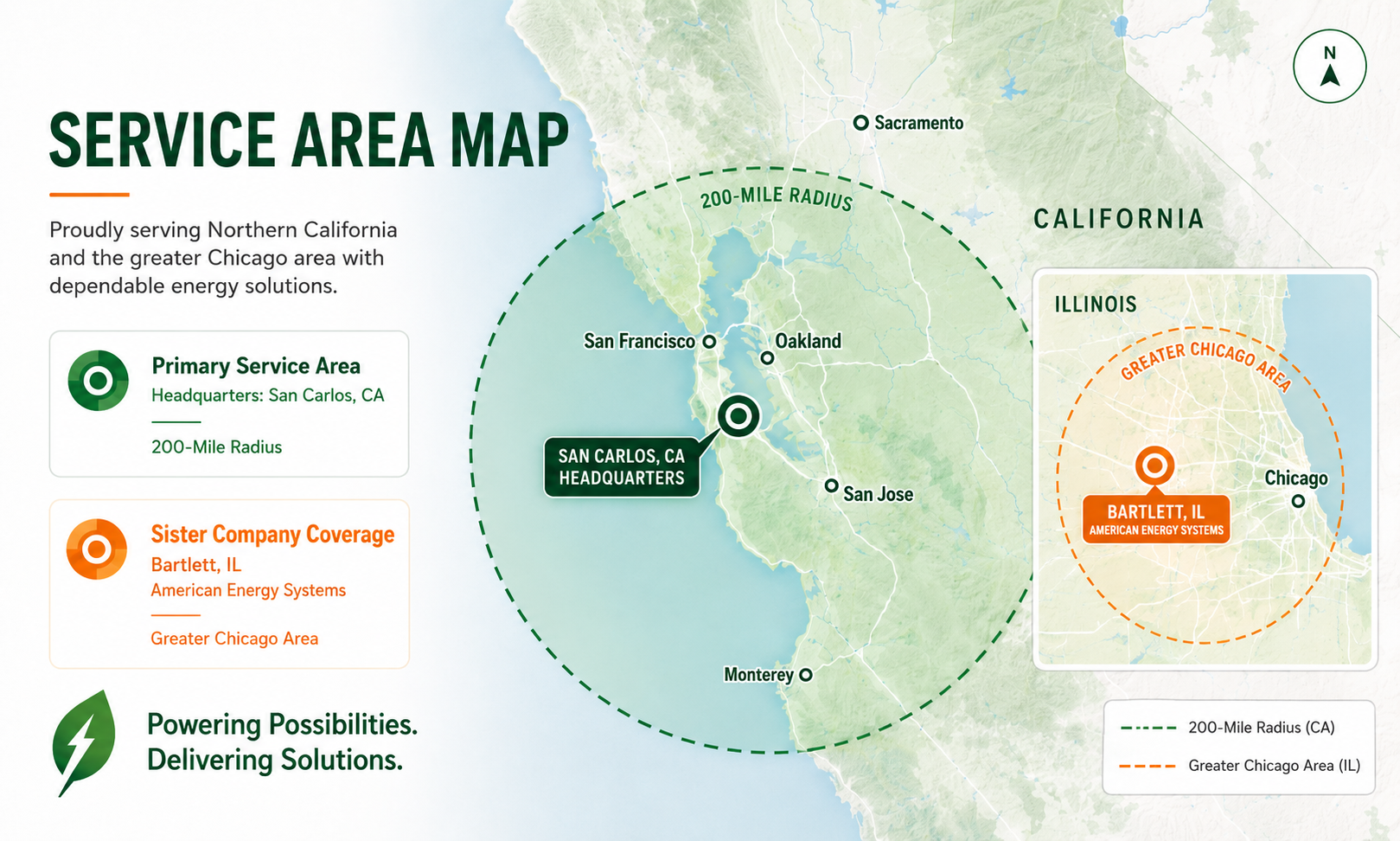 Next Solar service area map showing residential and commercial solar coverage across Northern California and the greater Chicago area.