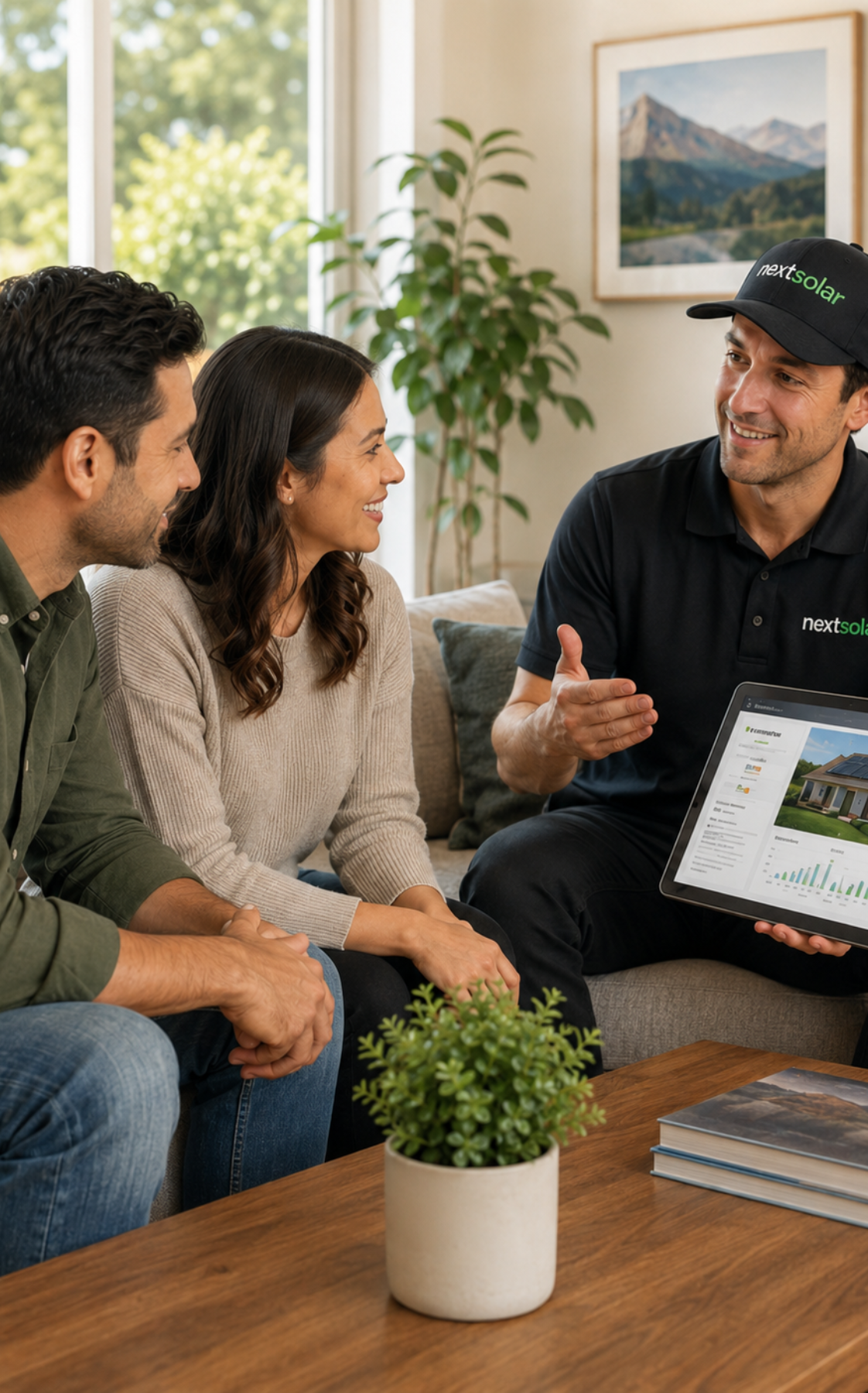 Next Solar consultant meeting with Northern California homeowners to discuss residential solar installation, energy savings, and home energy solutions.