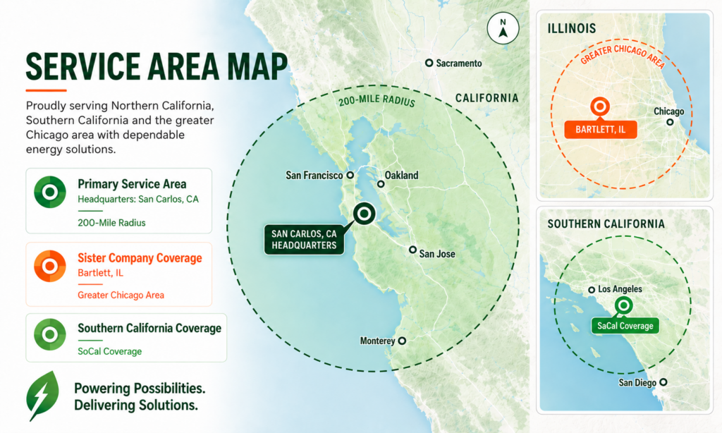 Next Solar service area map showing residential and commercial solar coverage across Northern California and the greater Chicago area.